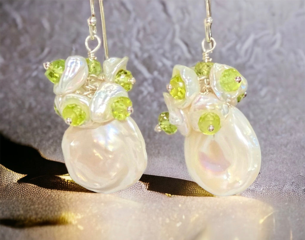 Keishi Pearl and Peridot Gemstone Cluster Earrings