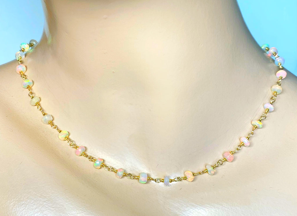 Ethiopian Opal AAAA Wire Wrap Rosary Chain Choker Necklace Gold Fill