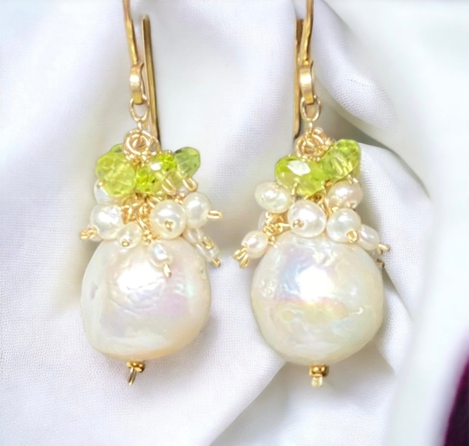 Peridot and Edison Pearl Cluster Earrings, Gold Fill, Rose Gold, Sterling Silver