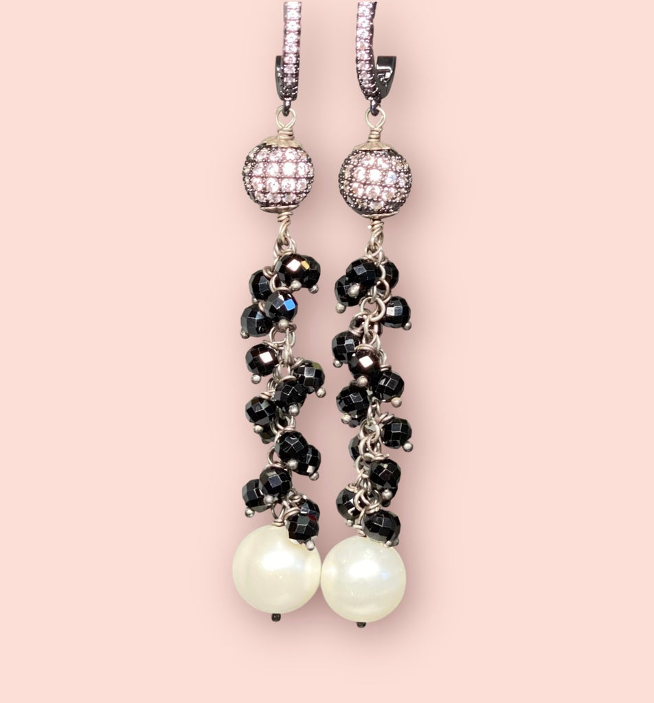 Black Spinel and White Pearl Long Dangle Earrings Oxidized Sterling Silver