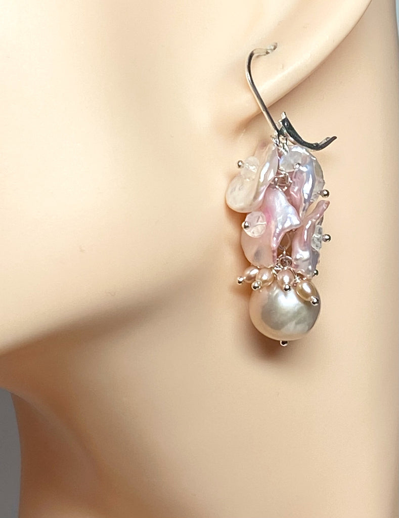 Pink Pearl Cluster Earrings, Blush Pink Keishi Pearls, Sterling Silver