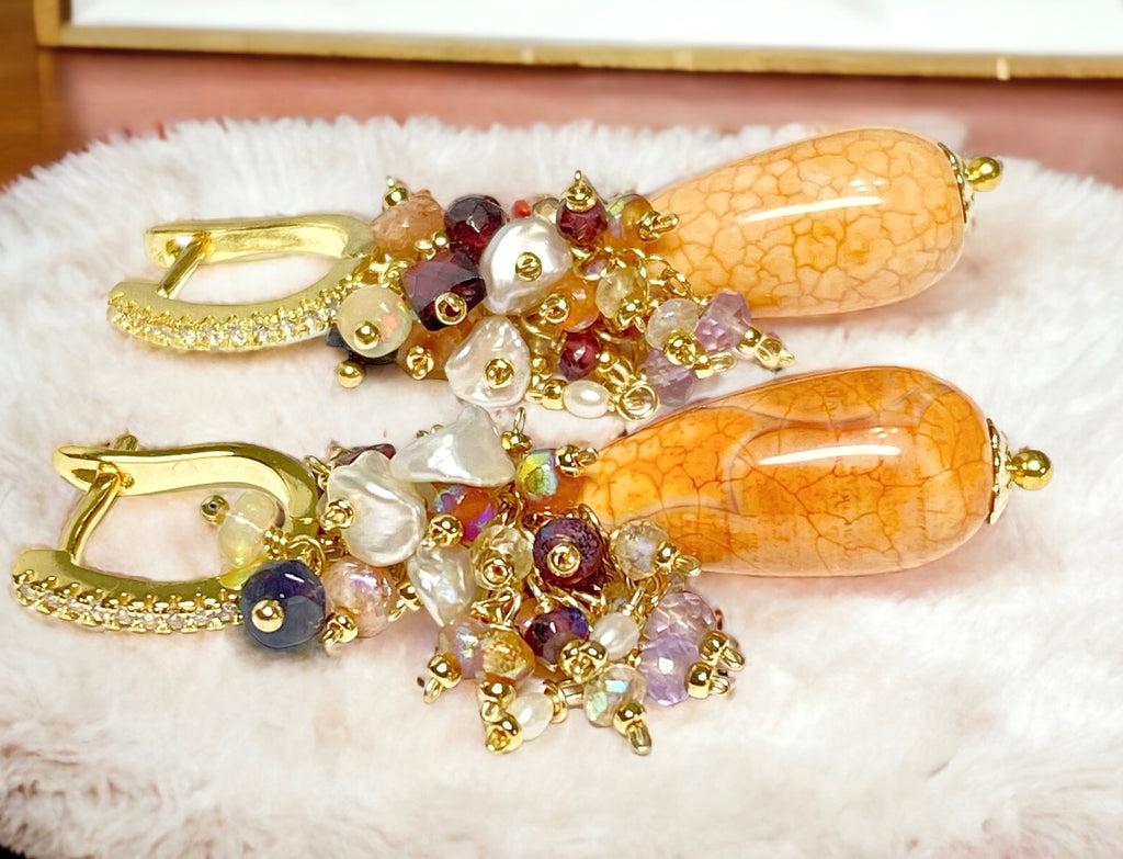 Fire Agate Drop and Gemstone Cluster Earrings Gold Fill