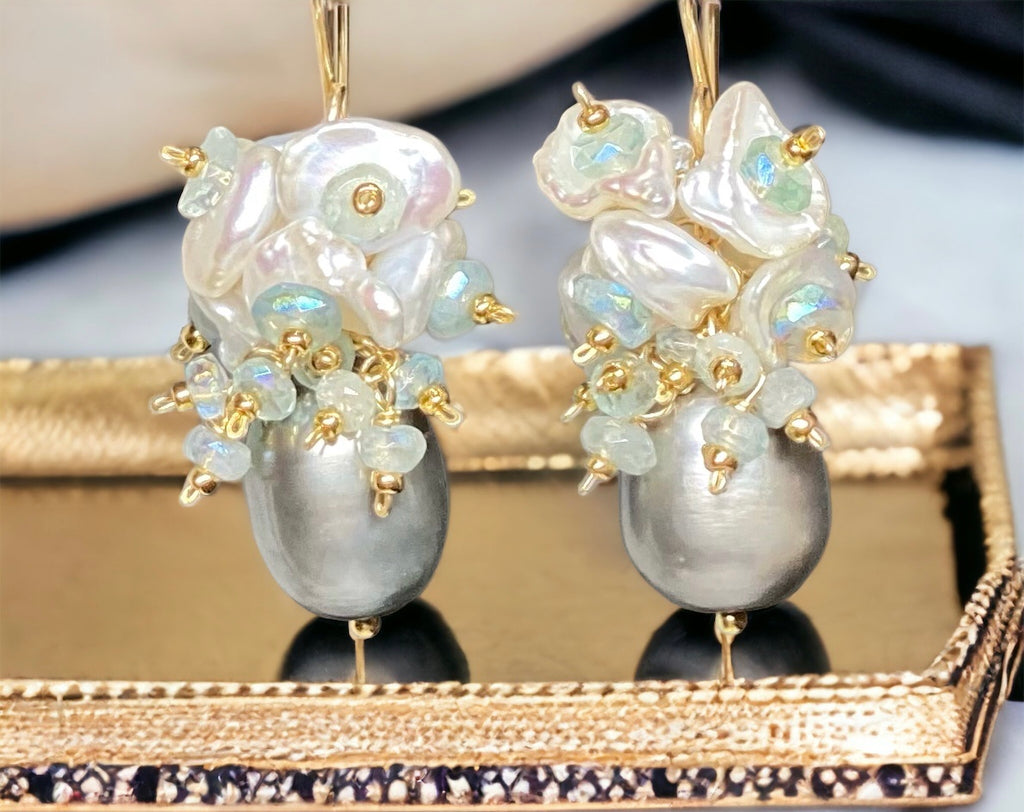 Silver Gray Pearl and Keishi Pearl Cluster Earrings with Aquamarine