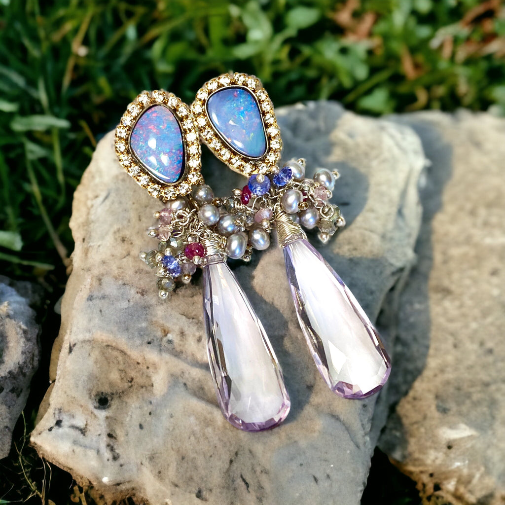 Australian Boulder Opal Earrings with pink amethyst and pearl gem clusters