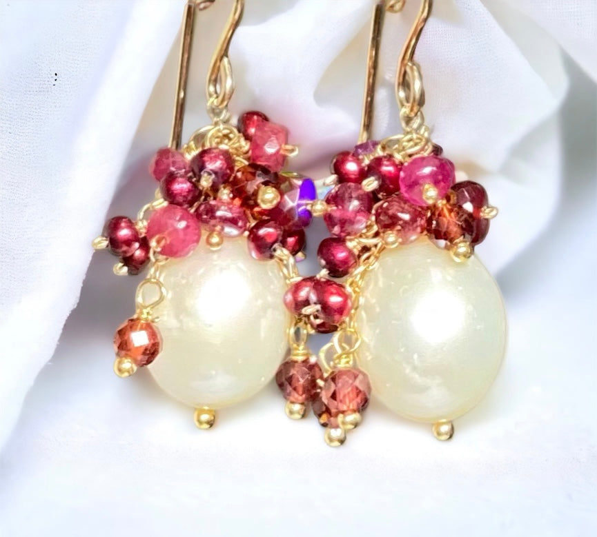 Red gem, opal and pearl cluster earrings