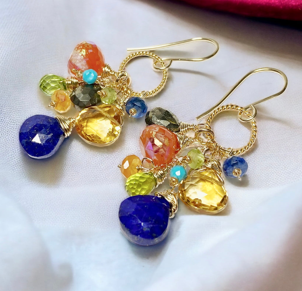 Colorful Gemstone Gold Dangle Earrings Citrine Blue Lapis Carnelian 2
