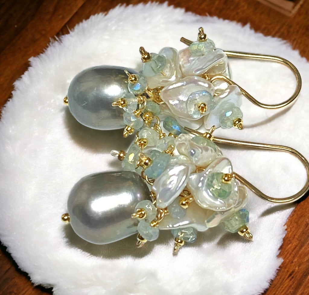 Silver Gray Pearl and Keishi Pearl Cluster Earrings with Aquamarine