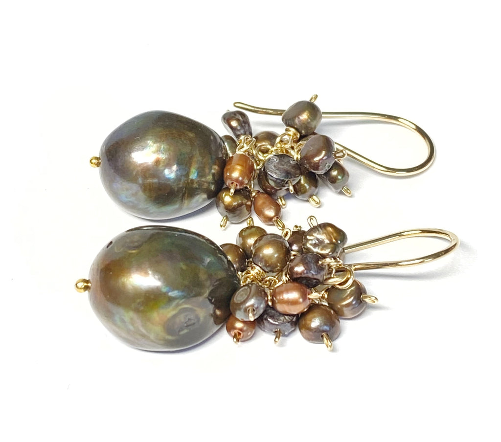 Brown Pearl Cluster Earrings Gold Fill