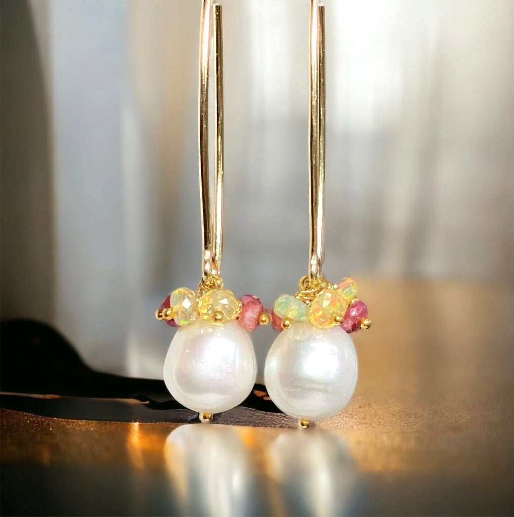 Ruby and Opal Cluster Long Pearl Earrings