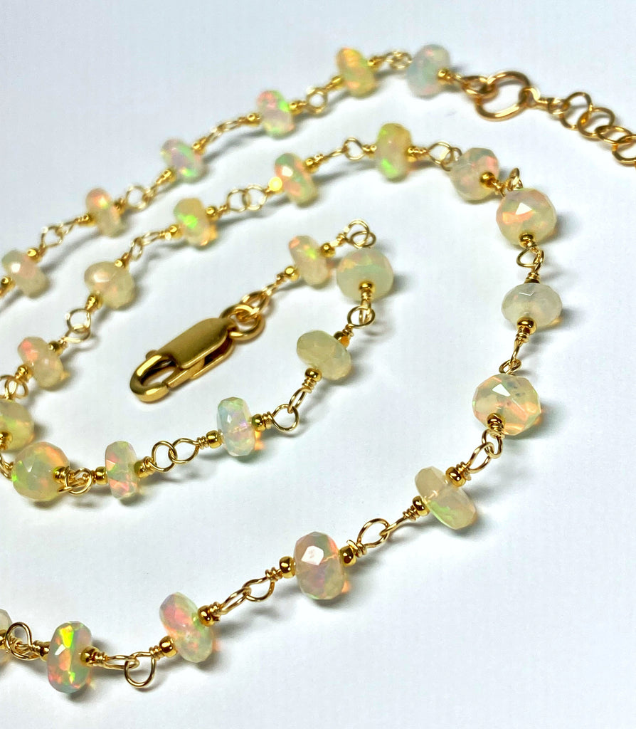 Ethiopian Opal AAAA Wire Wrap Rosary Chain Choker Necklace Gold Fill