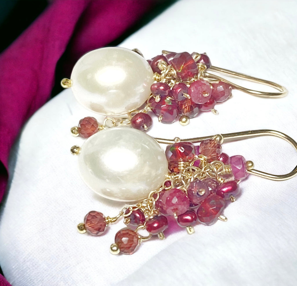 ruby, red opal, red pearl, garnet clusters waterfalling over ivory white pearls earrings