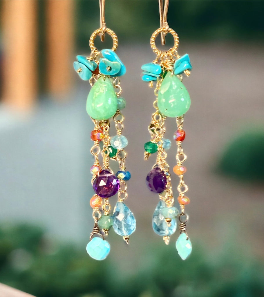Hand wire wrapped chains of mystic gemstones in lots of colors dangle with gem briolettes of chrysoprase, turquoise, apatite and amethyst