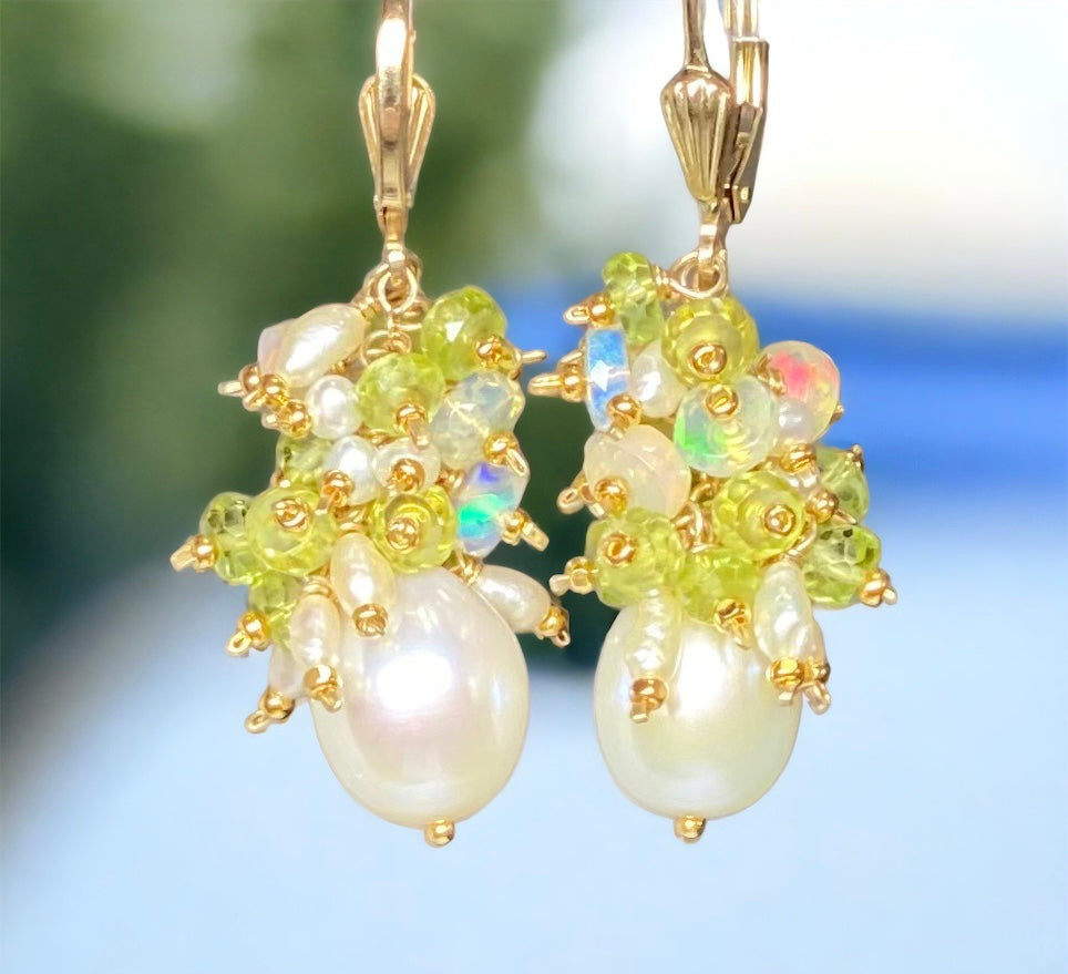 Peridot, Opal, Pearl Cluster Earrings Gold Fill