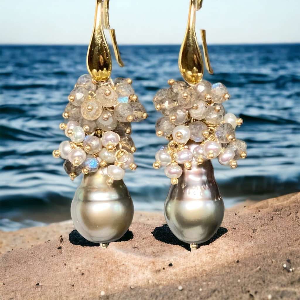 Tahitian Pearl Labradorite Cluster Earrings Gold