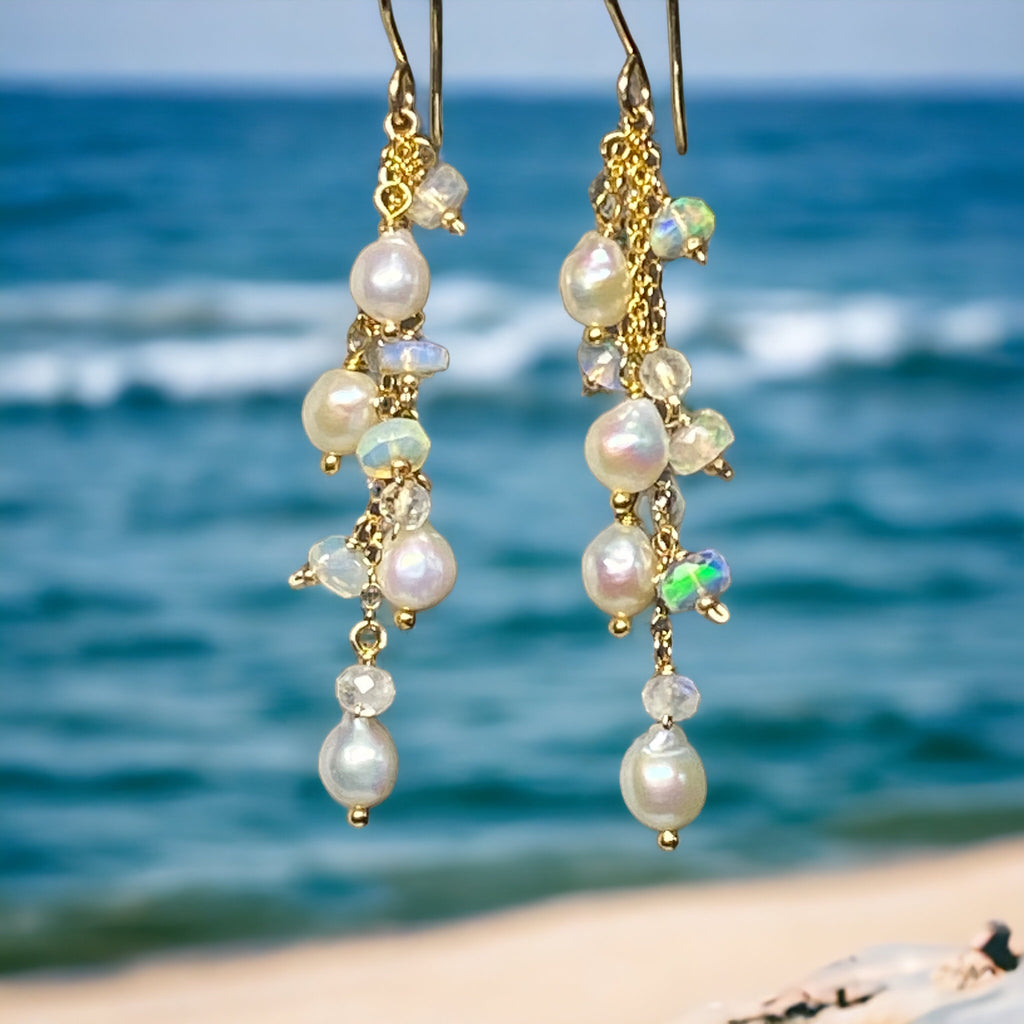 Gold filled chain dangle earrings with dainty baroque Edison pearls, AAA opals and moonstones in 14 kt gold fill
