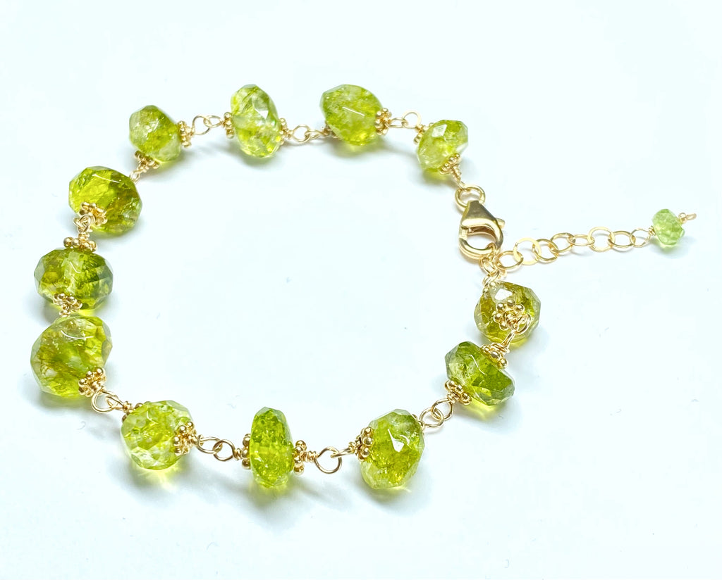 Peridot wire wrapped gold fill bracelet adjustable