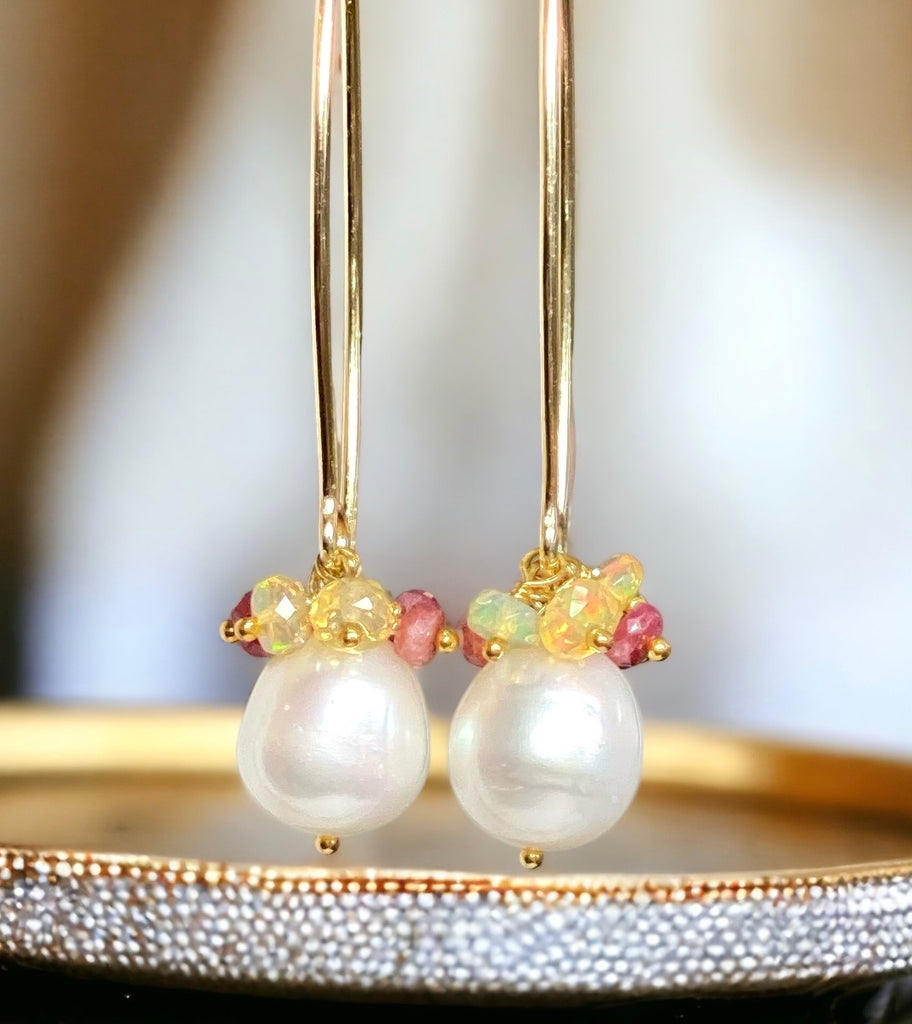 Ruby and Opal Cluster Long Pearl Earrings