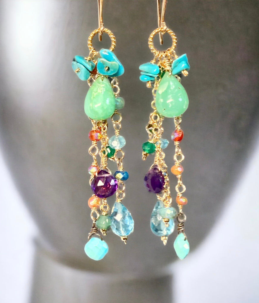 Colorful boho gemstone dangle earrings in gold fill