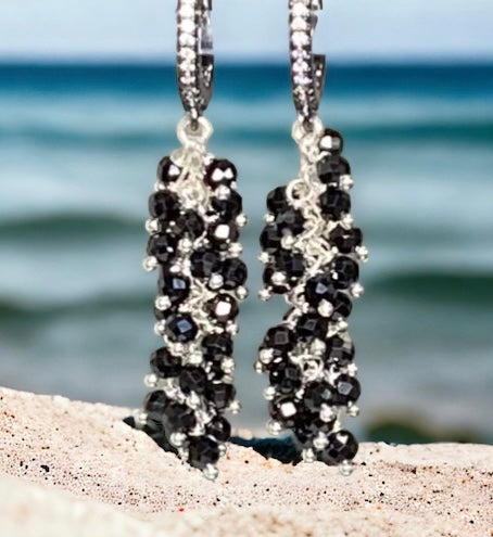 faceted black spinel beaded cluster dangle earrings in sterling silver