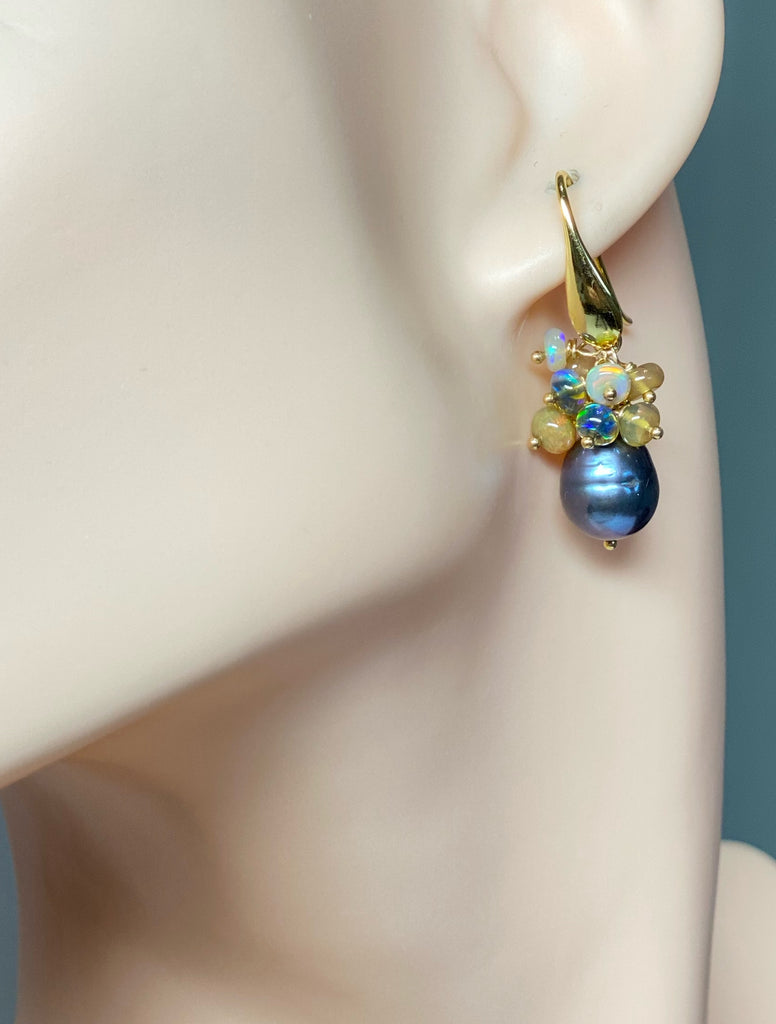 Black Grey Baroque Pearl Opal Cluster Gold Earrings