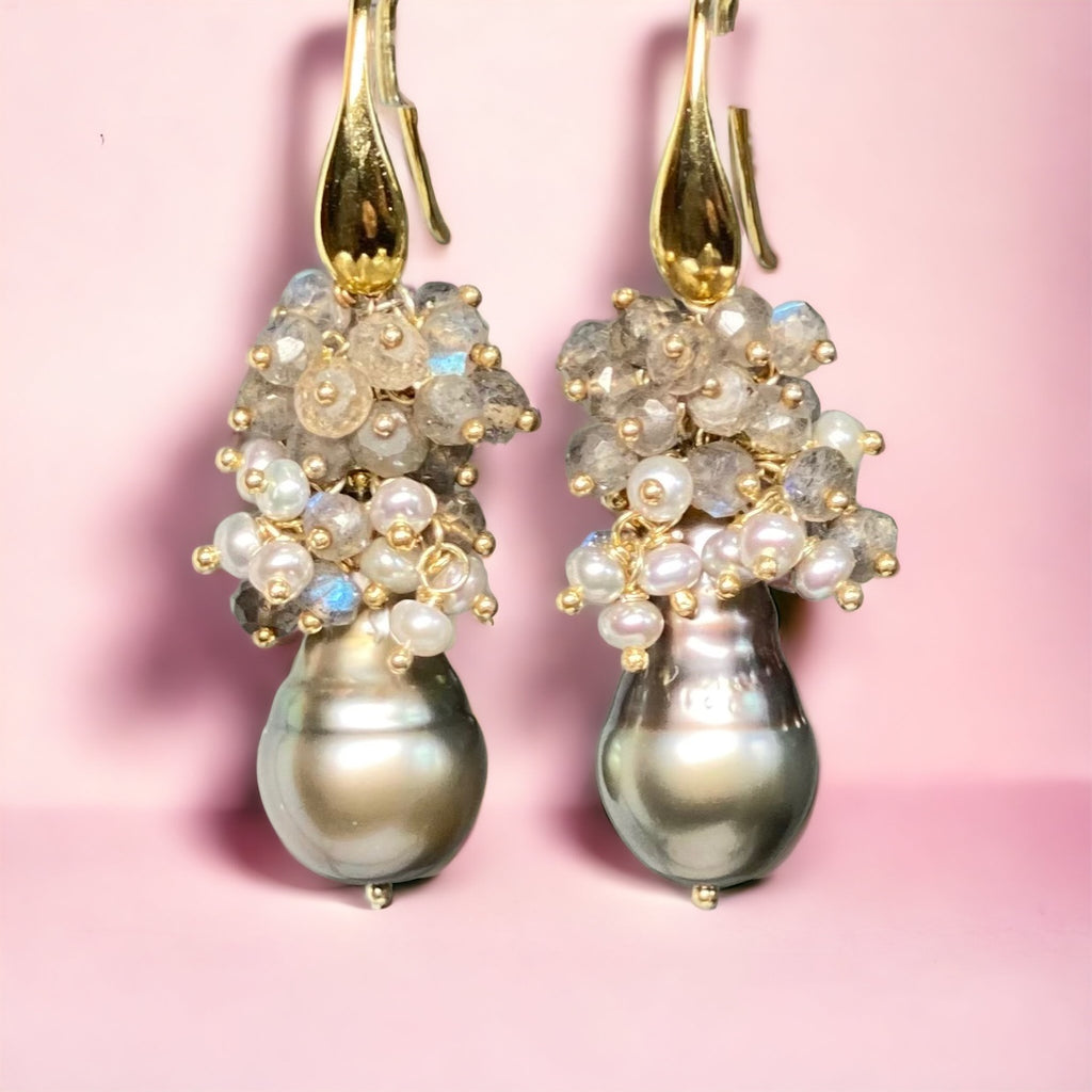 Tahitian Pearl Labradorite Cluster Earrings Gold