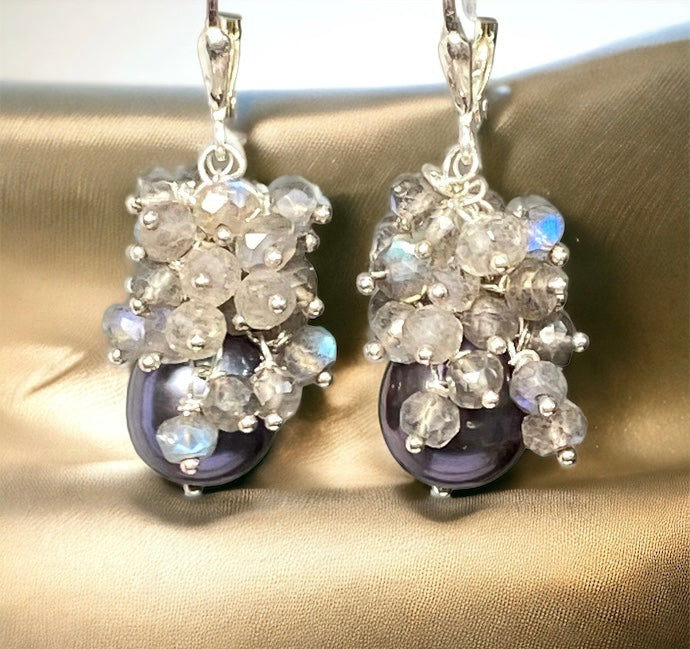 Black pearl labradorite cluster earrings sterling silver