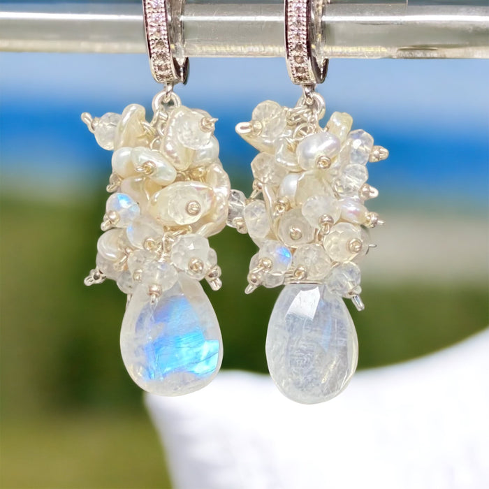 rainbow moonstone cluster earrings with keishi pearls sterling silver