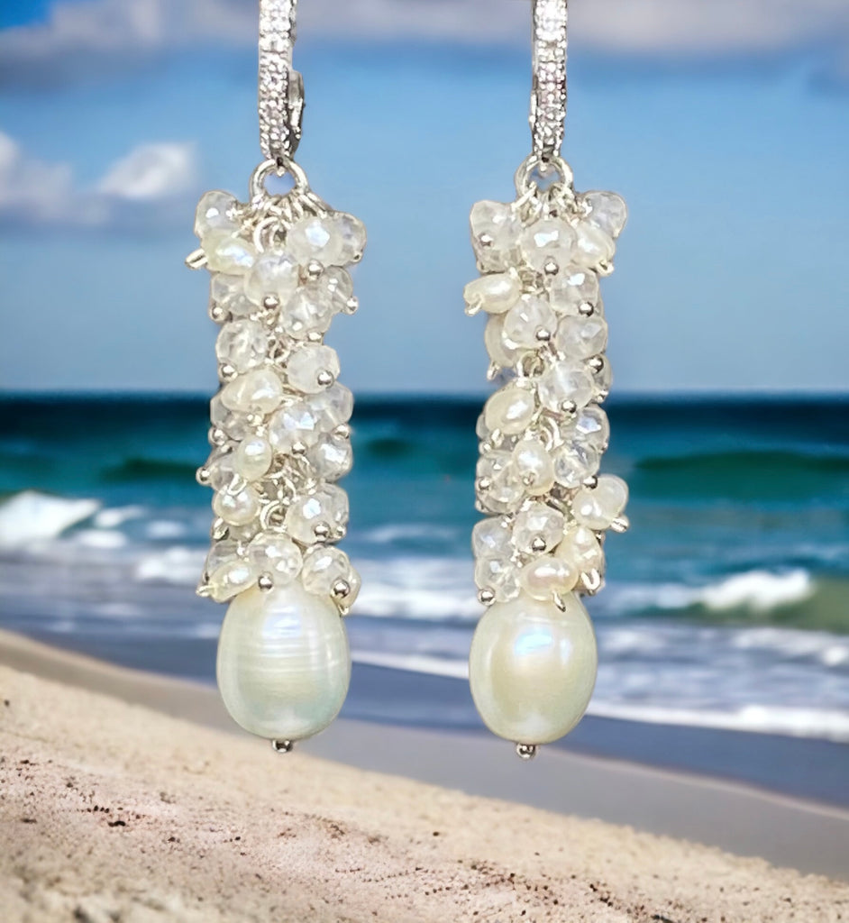 long pearl and crystal bridal earrings sterling silver