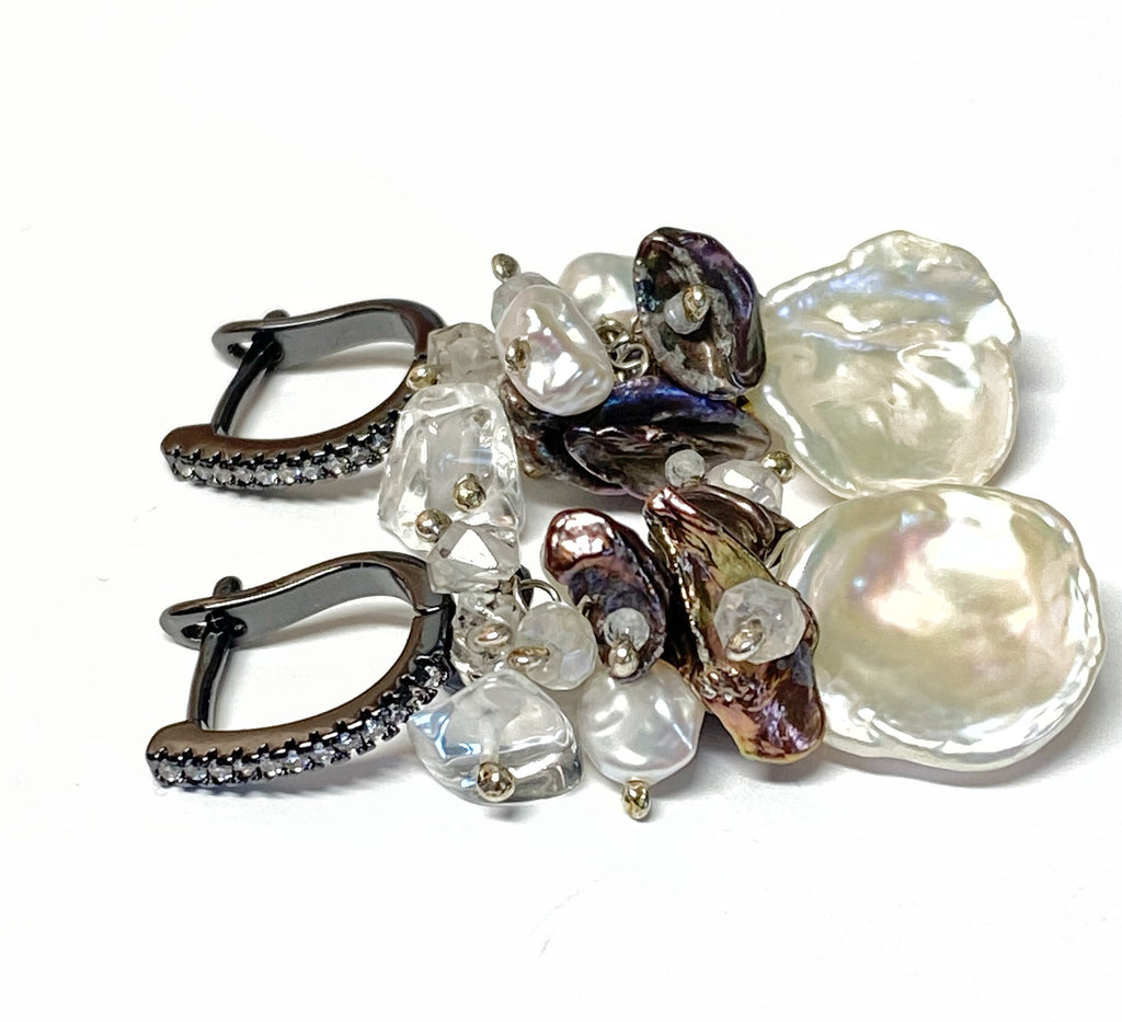 Black Spinel White Keishi Pearl Earrings