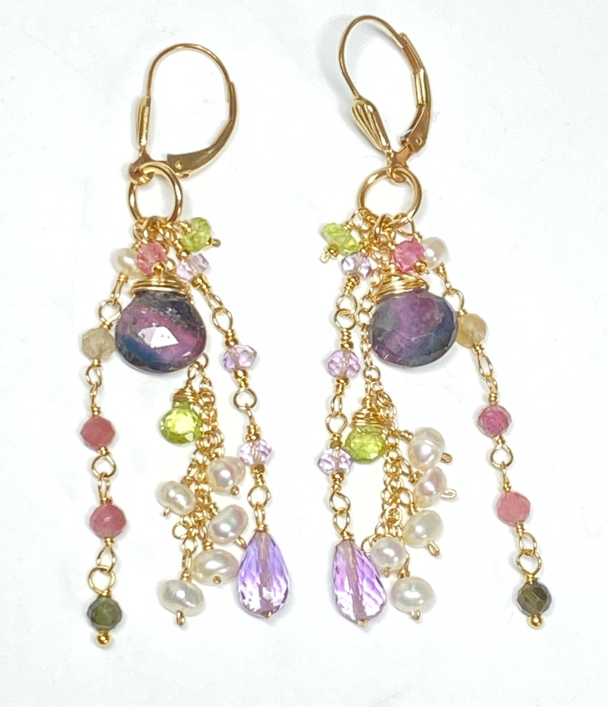 Plum Purple Tourmaline Pastel Gemstone Long Dangle Earrings 2