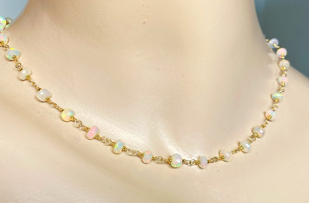 Ethiopian Opal AAAA Wire Wrap Rosary Chain Choker Necklace Gold Fill