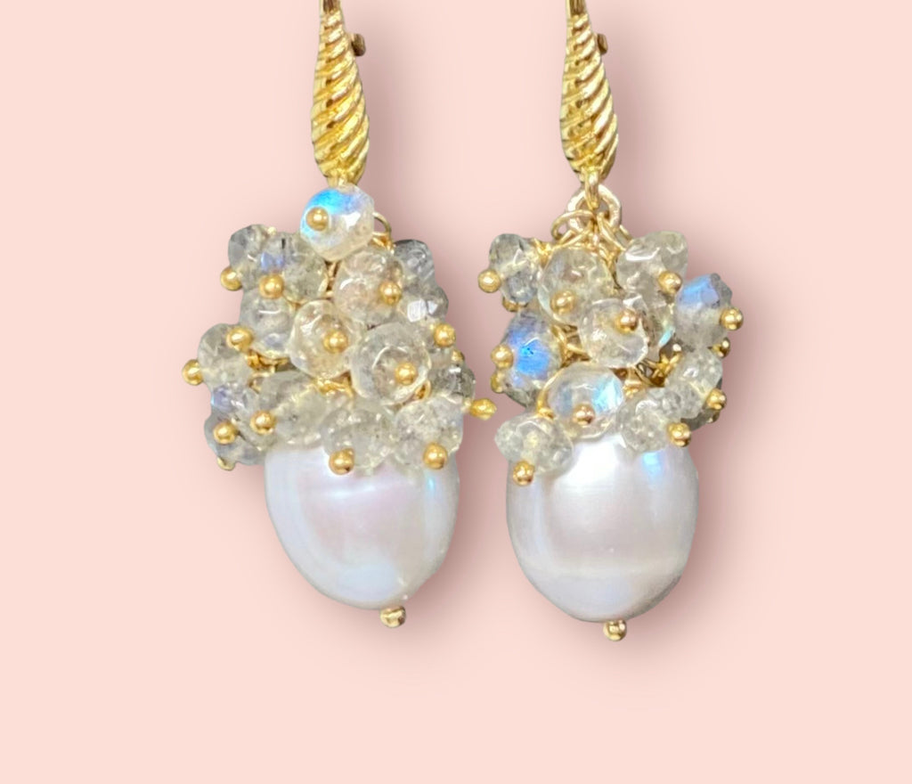 silver grey freshwater pearls with blue flash labradorite clusters - gold