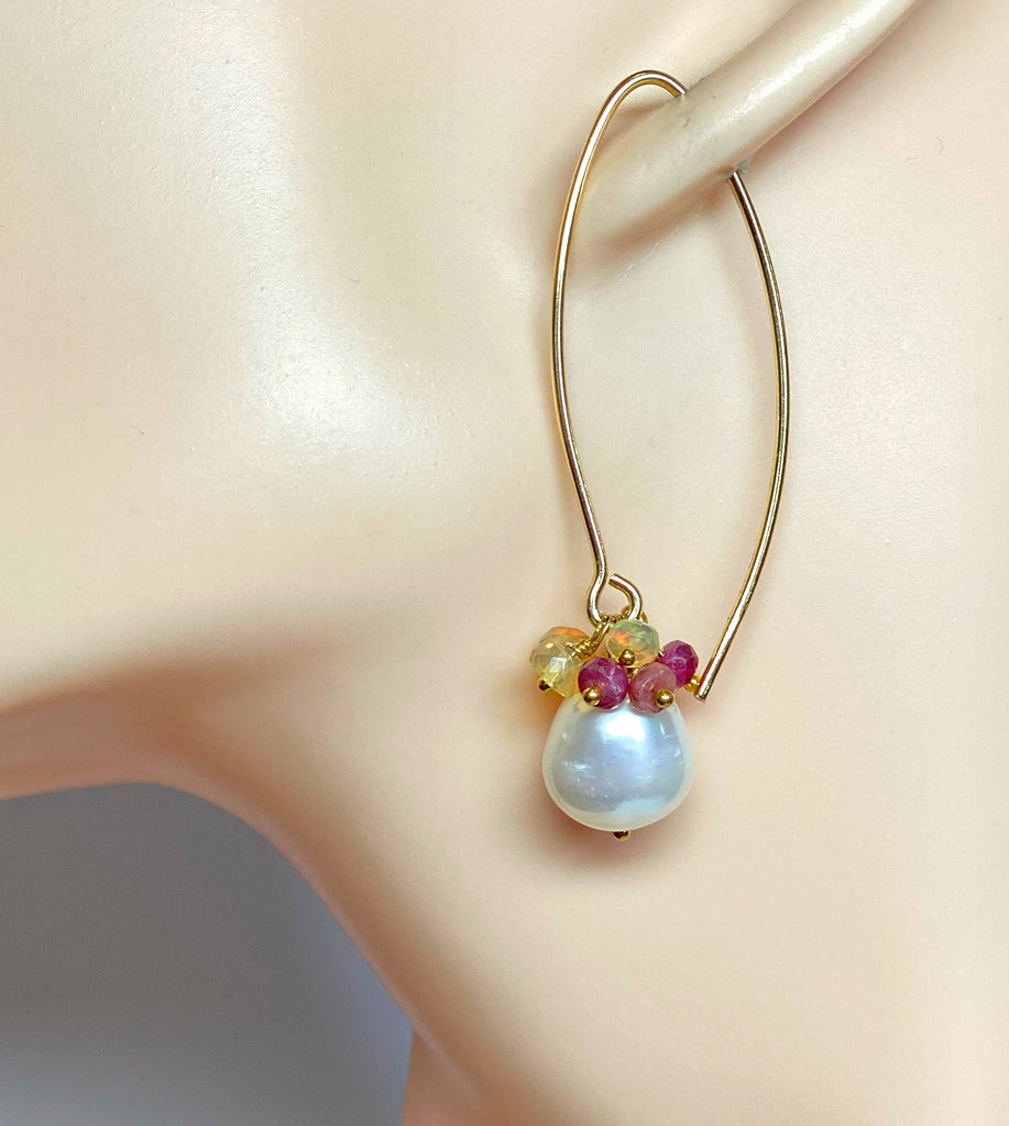 Ruby and Opal Cluster Long Pearl Earrings