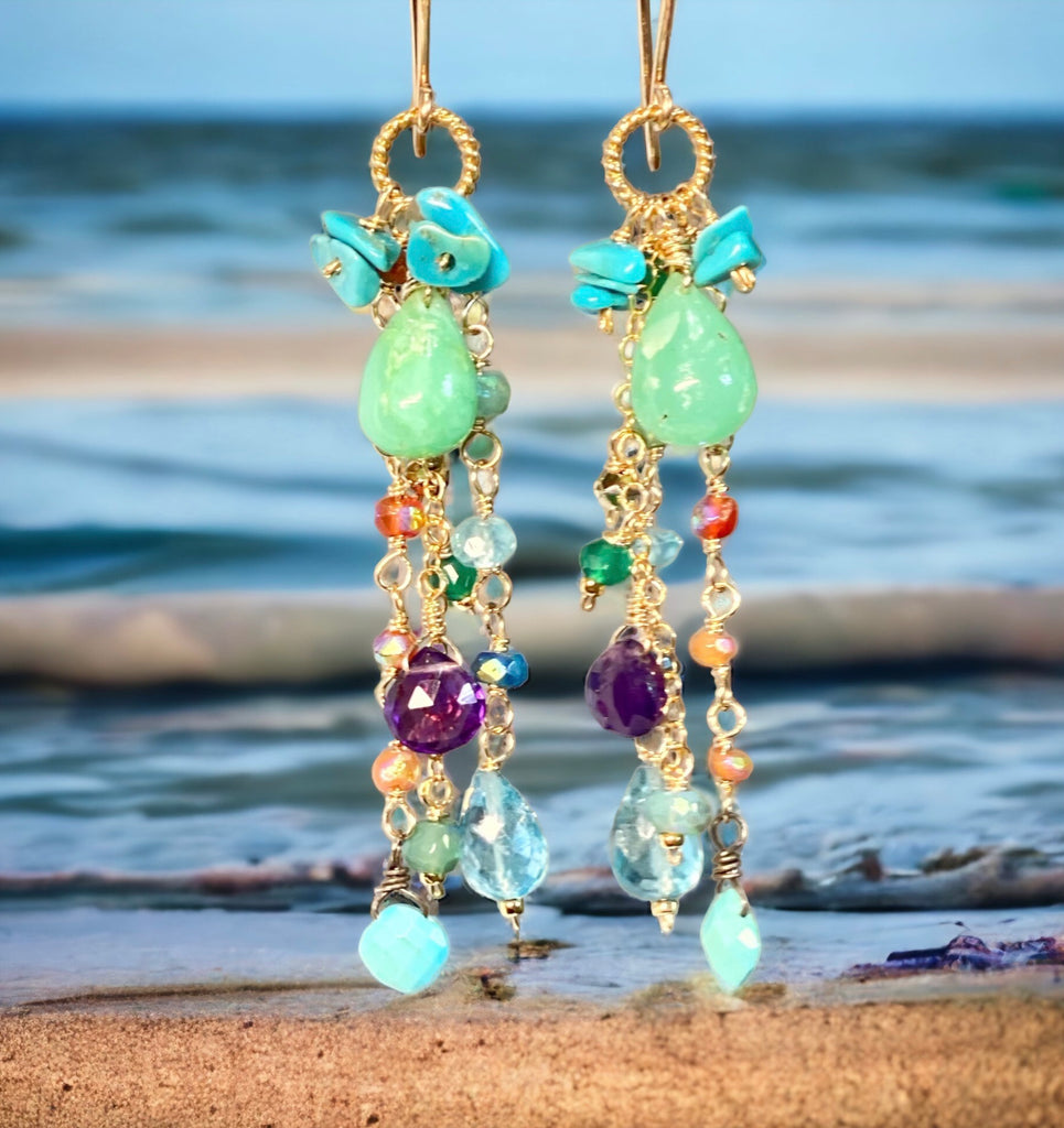 Romantic boho style dangle earrings with colorful gemstones wire wrapped on 14 kt gold fill