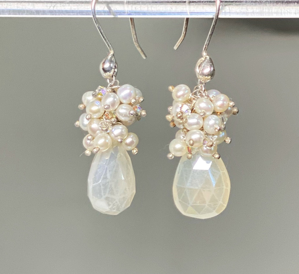 Mystic Pearlized Ivory Chalcedony Earrings with Pearl Clusters Sterling Silver