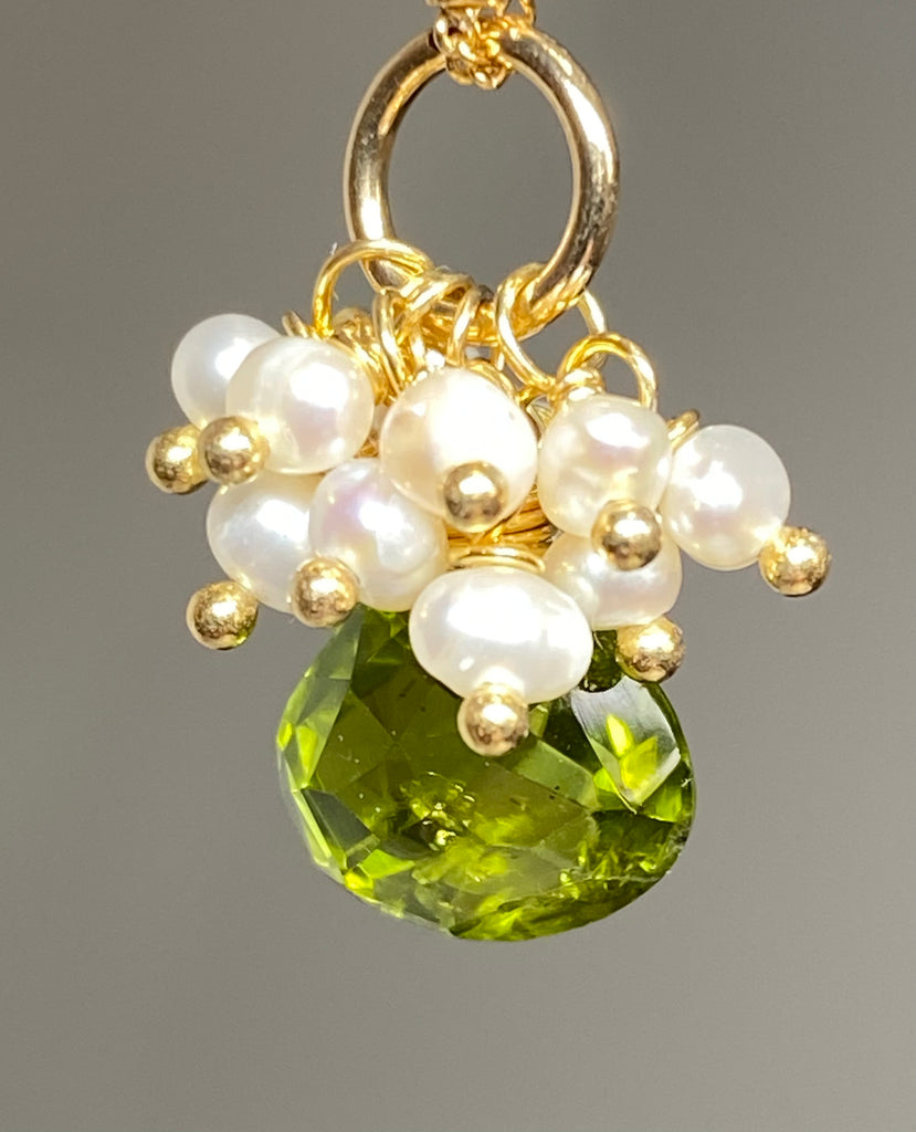 Peridot Gemstone Pendant Gold Fill with Pearl Clusters