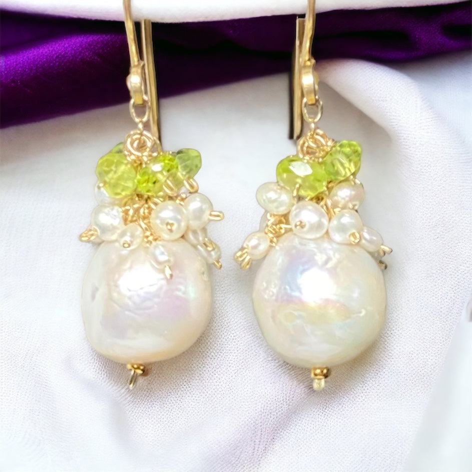 Peridot and Edison Pearl Cluster Earrings, Gold Fill, Rose Gold, Sterling Silver