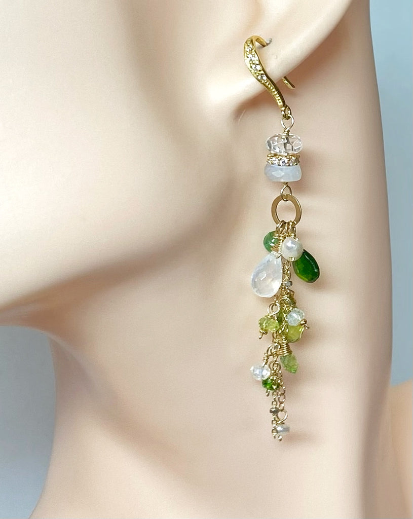 Green Gemstone Boho Dangle Earrings Peridot Chrome Diopside Tsavorite Gold
