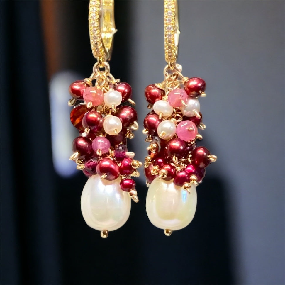 Red Pearl and Gem Cluster Earrings over White Freshwater pearls in Gold Fill