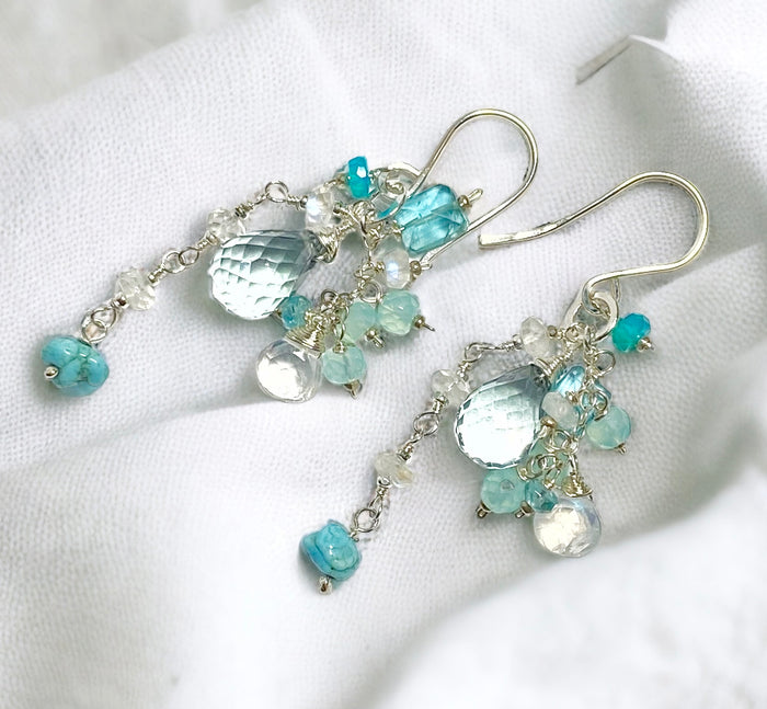 Aqua Quartz, Moonstone, Apatite and Sterling Silver Dangle Earrings