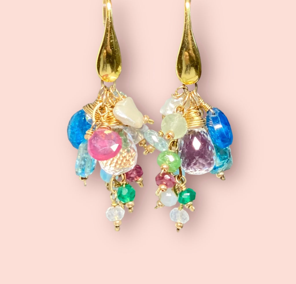 Crystal Quartz Dangle Earrings with Multi Gemstone Cluster, Aqua Blue Pink