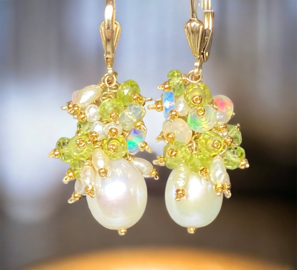Peridot, Opal, Pearl Cluster Earrings Gold Fill