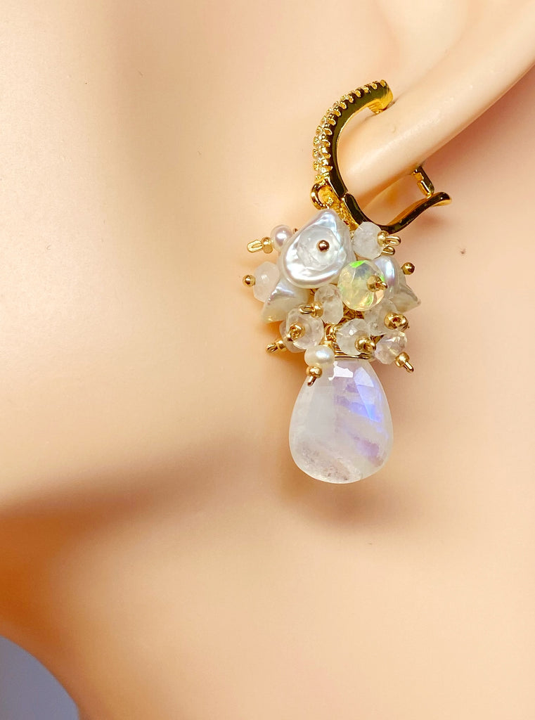 Rainbow Moonstone Keishi Pearl Opal Cluster Bridal Earrings 14 kt Gold Fill
