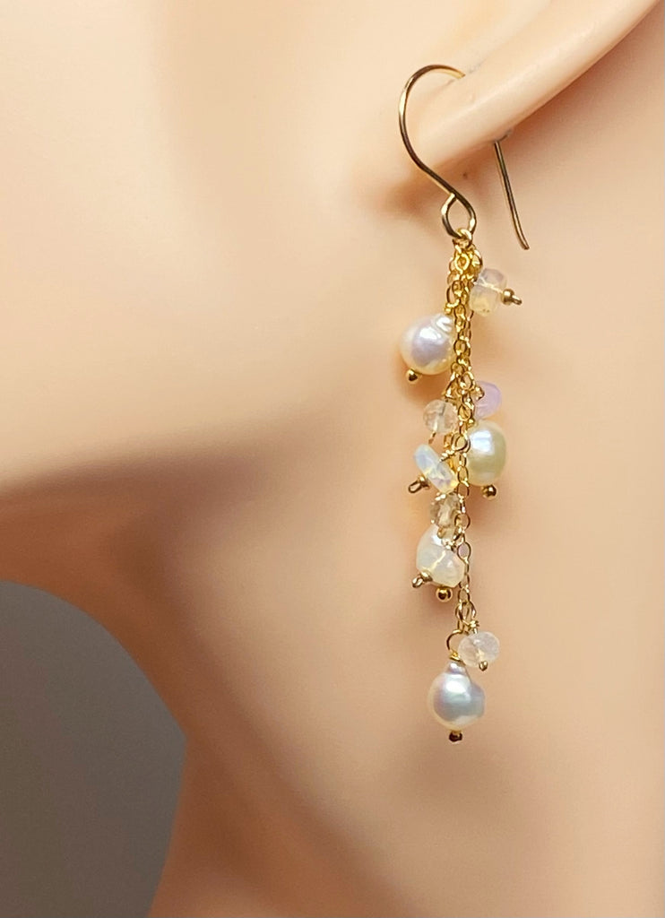 Edison Pearl Dainty Dangle Earrings with Moonstones and Opals