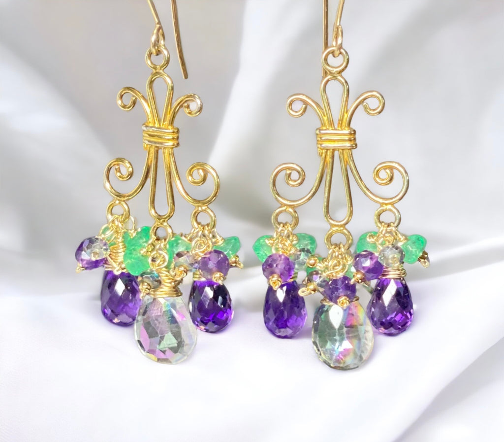 Mystic Topaz Chandelier Earrings in Gold Fill with Amethyst, Green Topaz