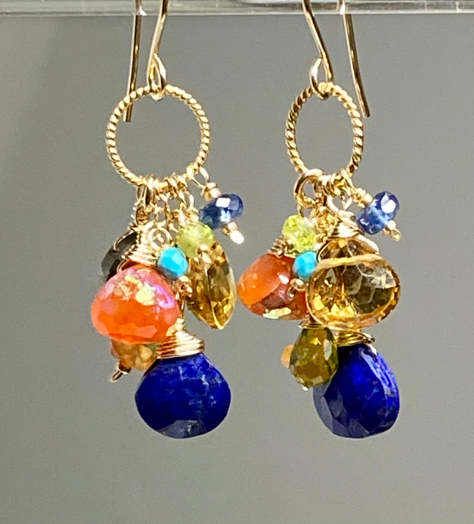 Colorful Gemstone Gold Dangle Earrings Citrine Blue Lapis Carnelian 2