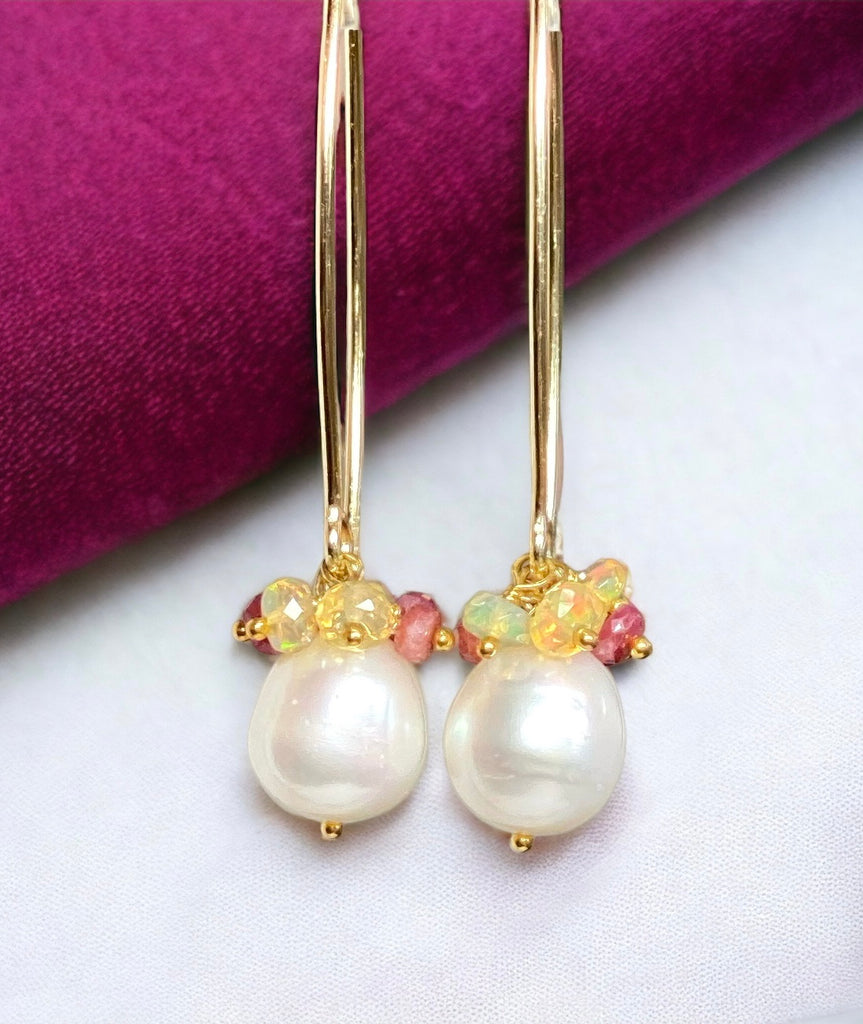 Ruby and Opal Cluster Long Pearl Earrings