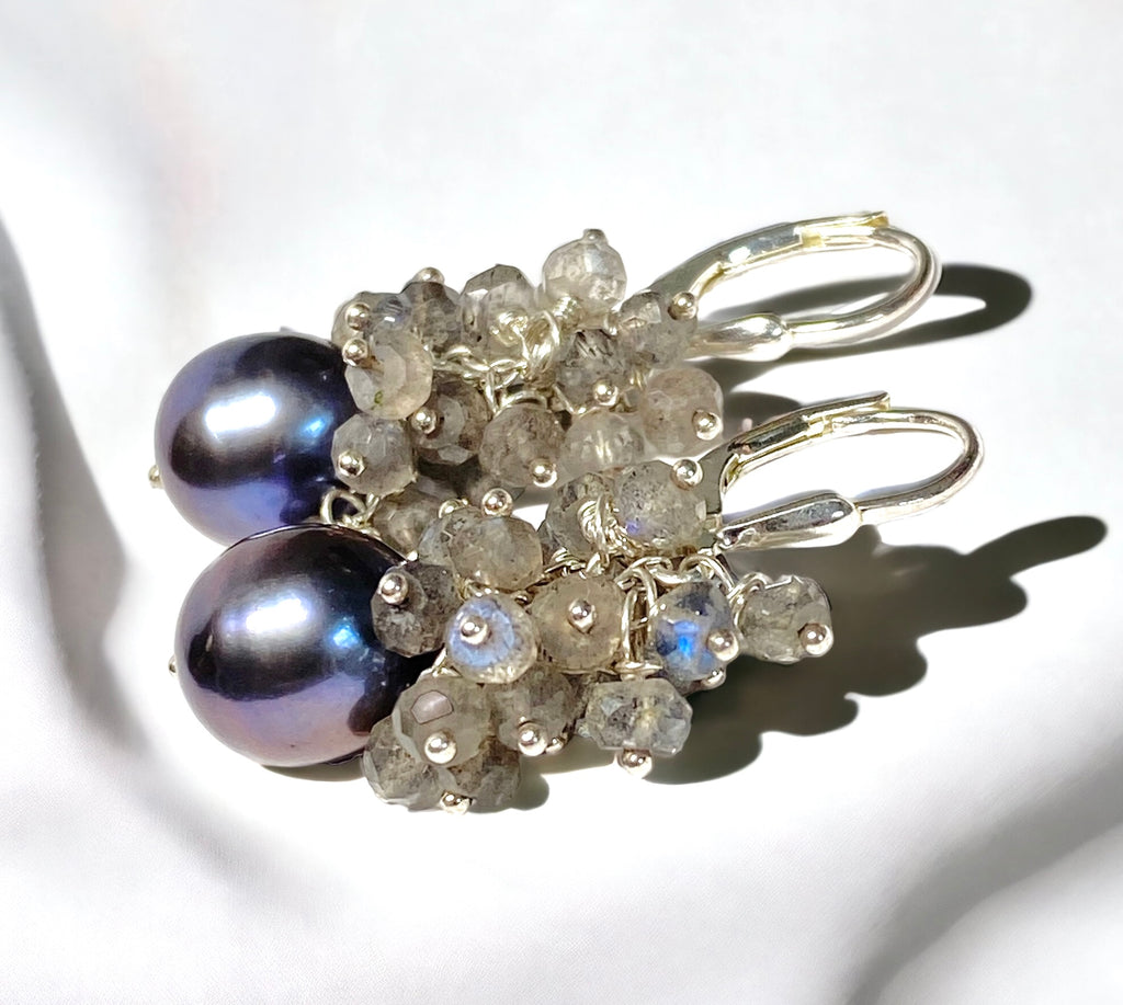 Black Pearl Labradorite Cluster Earrings in Sterling Silver