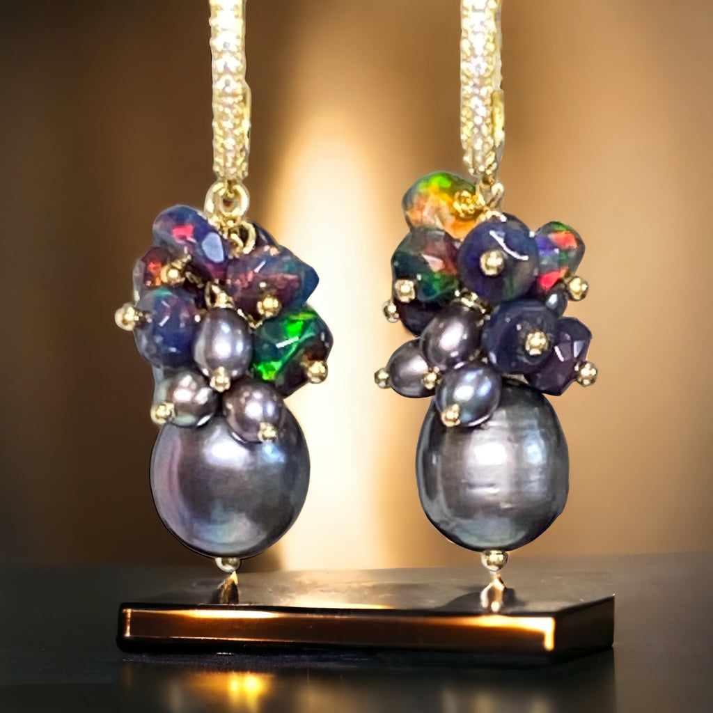 Black Grey Pearl Black Opal Cluster Earrings Gold