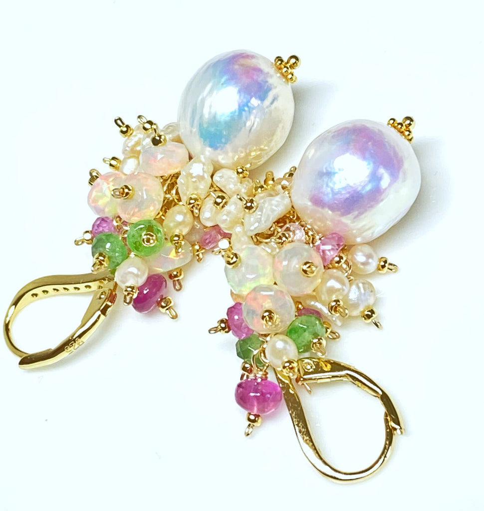 high quality baroque Edison pearls with cascading clusters of 3 kinds of tiny pearls and clusters of AAAA opals, pink sapphires, tsavorite